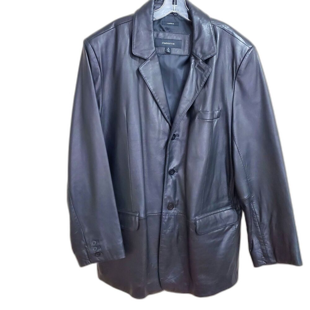 Claiborne Longer Coat Men 1X Black Lambskin Leather Jacket 3 Button Lined Blazer